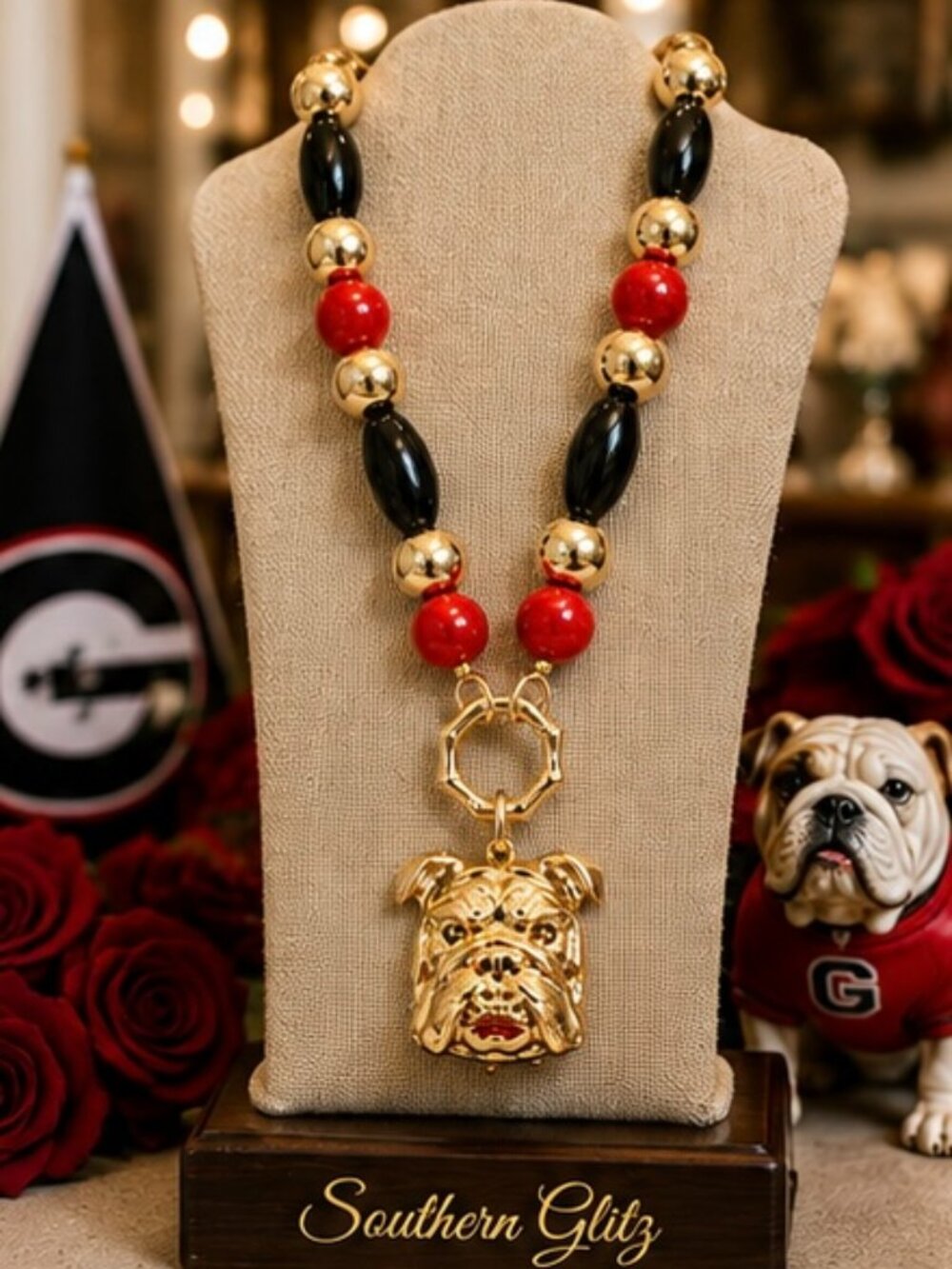 Red Black Bulldog Necklace, Gold Bulldog Pendant Necklace, Georgia Game Day